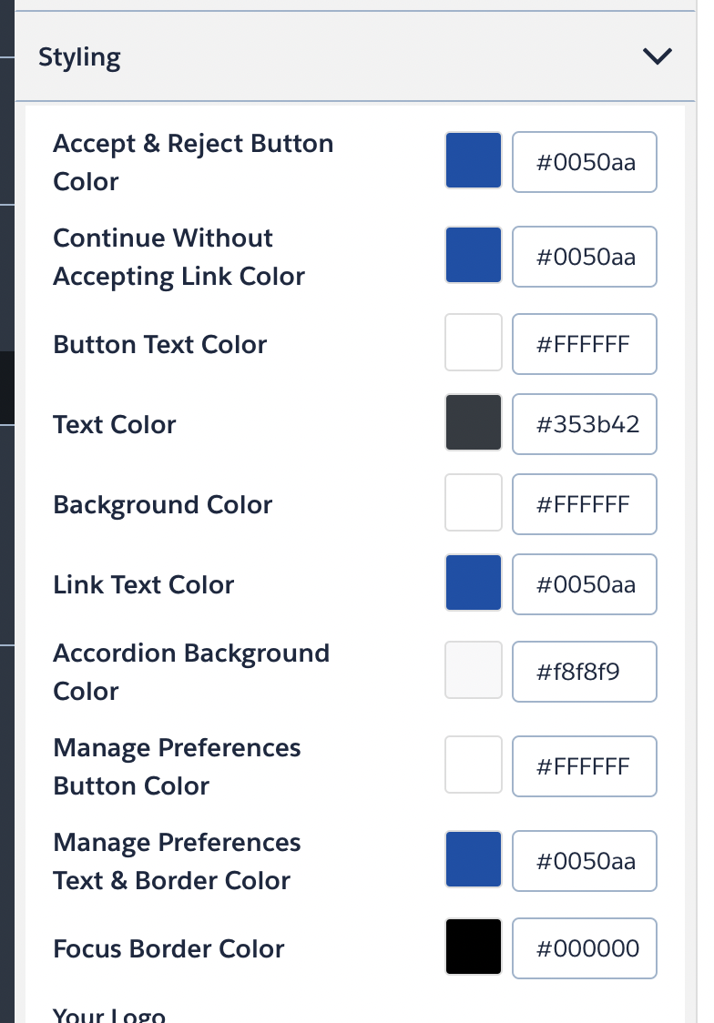 the list of colors settings